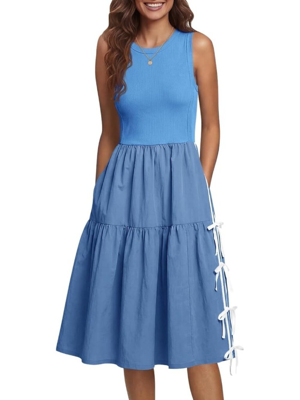 Women's Blue Ribbed Knit Patchwork Self-tie Bow Loose Active Tank Midi Dresses